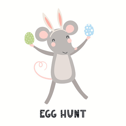 Hand drawn vector illustration with cute funny mouse, eggs, text Egg Hunt. Isolated on white background. Scandinavian style flat design. Concept for children Easter print, card, invite.