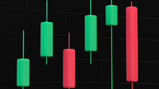 Red and Green Trading Candles on a Black Studio Background With Grid. Stock Market Symbolizes the Collapse of the Market. 3D Render.