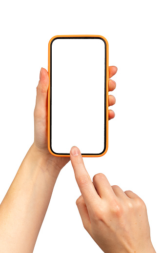 Mobile phone screen mockup, finger touching, tapping, clicking on smartphone isolated on white background. Cellphone mock up, display