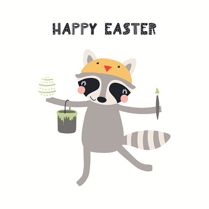 Hand drawn vector illustration with cute funny raccoon painting eggs, text Happy Easter. Isolated on white background. Scandinavian style flat design. Concept for children print, card, invite.