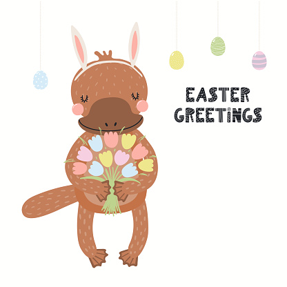 Hand drawn vector illustration with cute funny platypus, eggs, flowers, text Easter Greetings. Isolated on white background. Scandinavian style flat design. Concept for children print, card, invite.