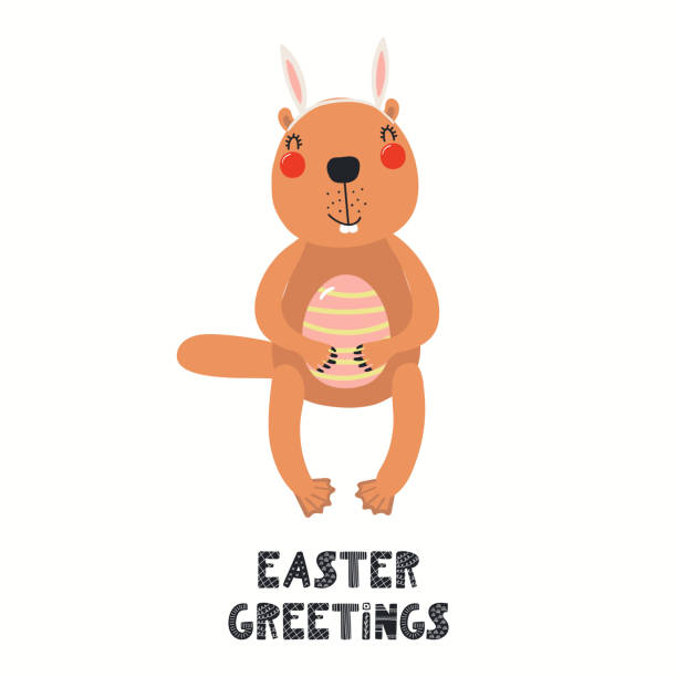 Cute beaver Easter card Hand drawn vector illustration with cute funny beaver, eggs, text Easter Greetings. Isolated on white background. Scandinavian style flat design. Concept for children print, card, invite. clip art of baby beaver stock illustrations