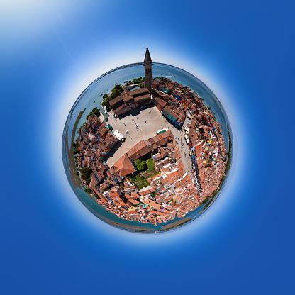 Spherical aerial panorama Burano island