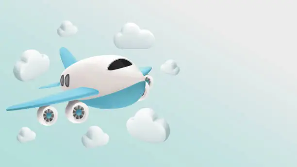Vector illustration of Airplane flying in clouds for travel. blue background for summer travel advertising design . Realistic 3d design of Travel concept in cartoon minimal style.