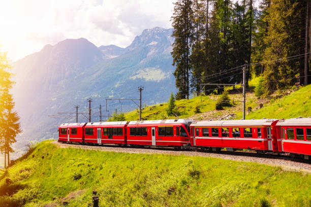 istock Red train moving in beautiful green summer forest in Switzerland 1930143258