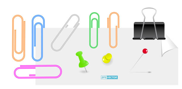 illustrazioni stock, clip art, cartoni animati e icone di tendenza di set of ralistic binder clips on white background. 3d render - paper clip document file note pad