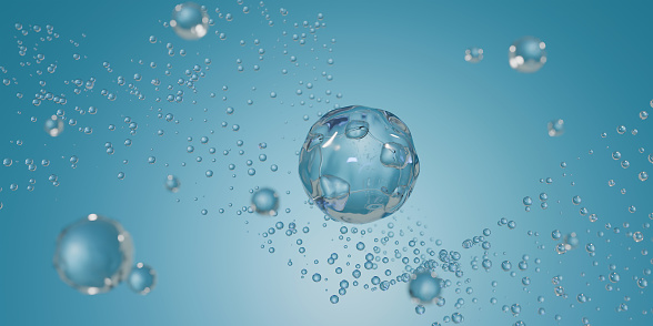 Cosmetic Essence, Liquid bubble, Molecule inside Liquid Bubble on water background, 3d render