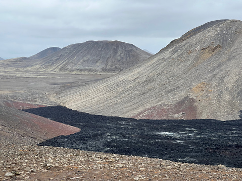 Solidified lava near the eruption site of Fagradalsfjall volcano in Iceland