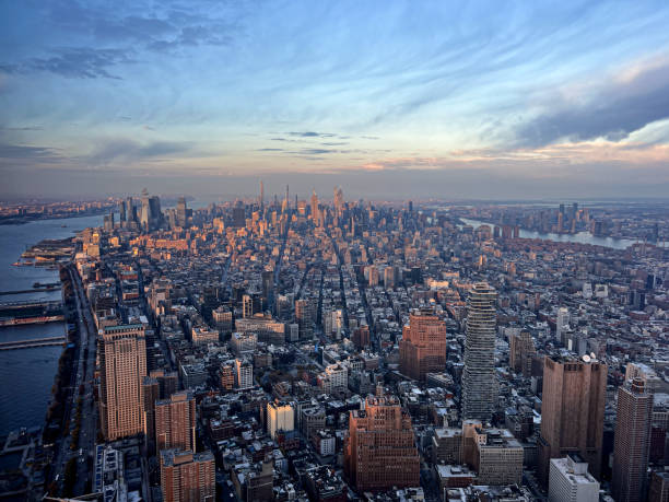 istock Aerial panoramic view over New-York skyline and Hudson river from One World Observatory deck at One World Trade Center, Winter Sunset 1930162271