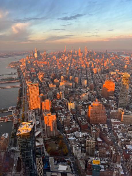 istock Aerial panoramic view over New-York skyline and Hudson river from One World Observatory deck at One World Trade Center, Winter Sunset 1930162789
