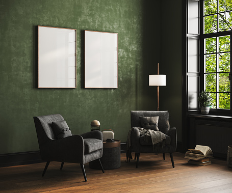 Mock-up square frame in dark green furnished home interior background,