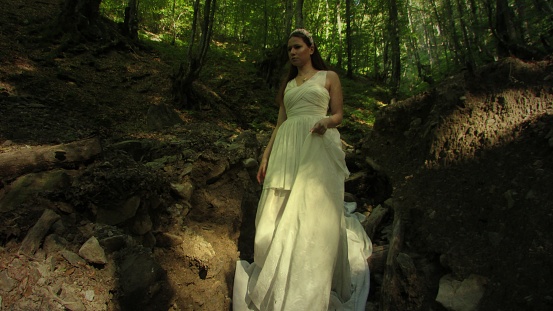 Forest fairy, white dress, girl in forest, movie set
