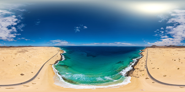 Spherical panorama of Corralejo Park coast, Fuerteventura, Spain