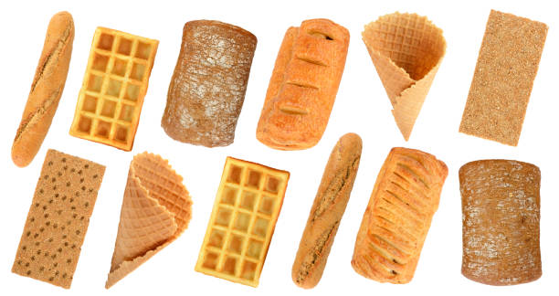Collection freshly baked bread products isolated on white Collection freshly baked bread products isolated on white background. ice cream with wafer rolls stock pictures, royalty-free photos & images