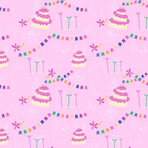 Vector illustration of Seamless pattern with birthday cakes and gifts on pink background. Vector illustration, hand drawn