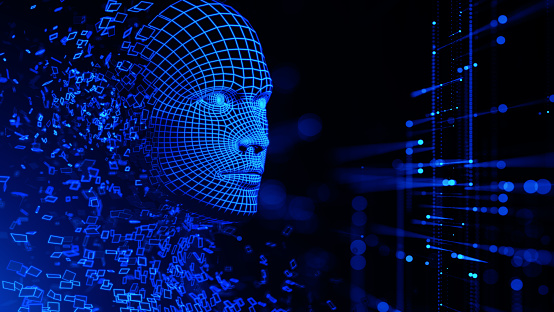 Digital human face. Artificial intelligence AI. Dispersion dissolve disintegration.