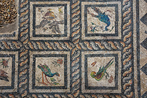 Mosaic floor from an ancient Roman villa at Corinth in Greece.  Decorated with a medal, bearing the head of the god Dionysos.