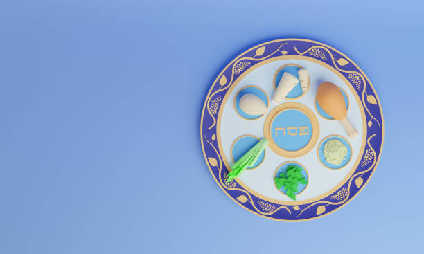 fête de pessah. assiette de seder de pessah avec des éléments traditionnels. bannière web avec emplacement pour le texte. rendu 3d - matzo passover seder judaism photos et images de collection