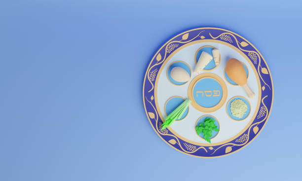 festa di pasqua. piatto del seder di pasqua con elementi tradizionali. banner web con spazio per il testo. rendering 3d - seder passover seder plate matzo foto e immagini stock