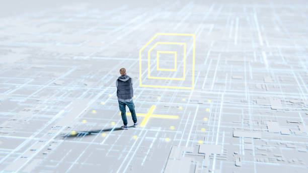 istock Young casual man standing in VR environment 1930360689