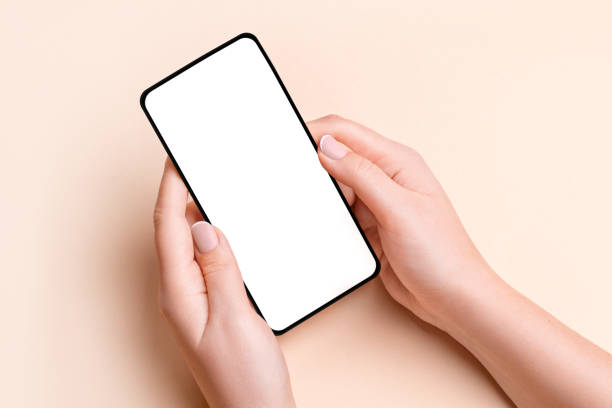 istock Female hand holding a phone with a blank screen on a beige background 1930372798
