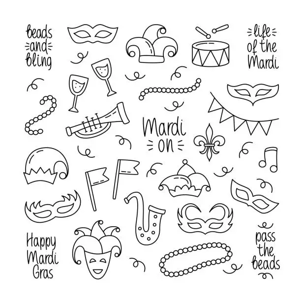 Vector illustration of Mardi Gras Doodle Set with Hand Lettering. Editable Stroke Festive Design Elements Collection. Carnaval Outline Harlequin Hat, Beads, Carnival Masque, Flags, Drum.