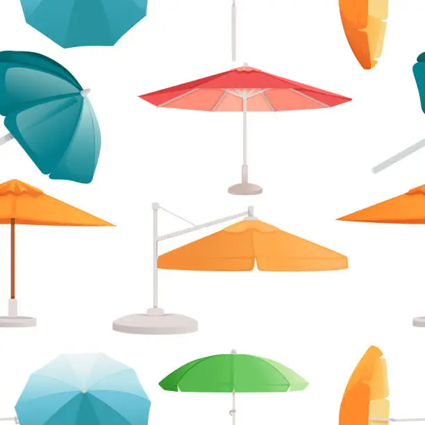 Vector illustration of Seamless pattern of beach umbrellas with different colors and type of stands vector illustration on white background