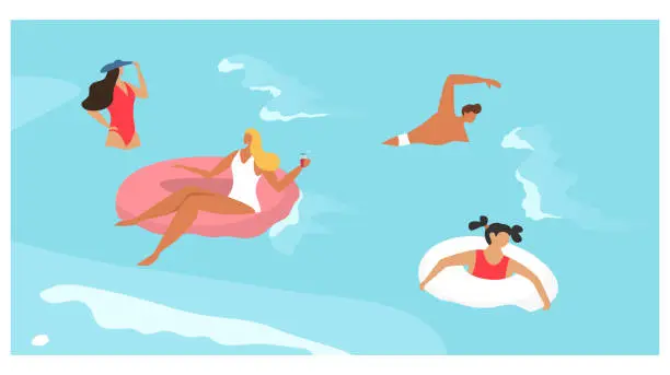 Vector illustration of People in sea summer vacation, woman man girl character swim in ocean, vector illustration. Cartoon swimmer in water, flat holiday leisure