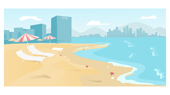 Beach summer vacation landscape, vector illustration. City sand ocean shore, sea coast holiday nature design. Cityscape resort scene background, flat water seascape in cartoon town.