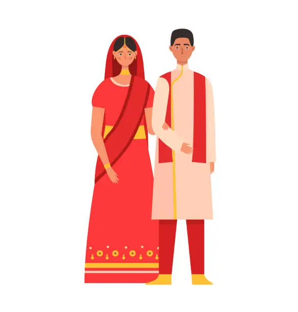 Vector illustration of People man woman couple in culture dress from india, wife husband isolated on white, vector illustration. Indian sari and national costume design