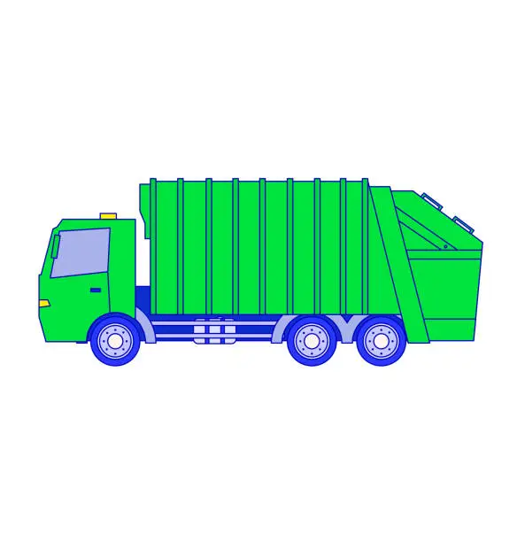 Vector illustration of Garbage truck with rubbish, waste in vehicle isolated on white vector illustration. Trash recycle transportation, green container transport.