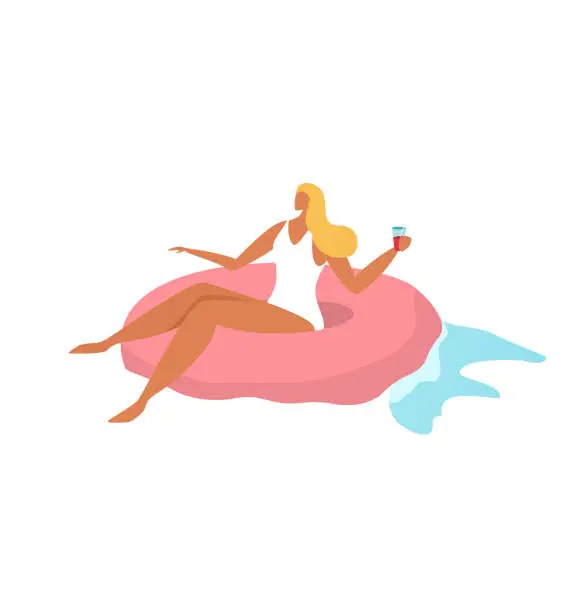 Vector illustration of Woman relax in sea pool water, girl in swimsuit at cartoon rubber ring isolated on white vector illustration. Summer vacation