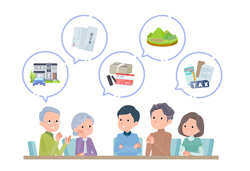 Elderly couple and son and daughter talking.Asset icon.Vector art that is easy to edit.