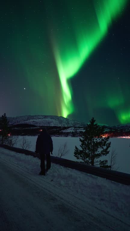 Man gazing at an aurora across a snow covered lake.