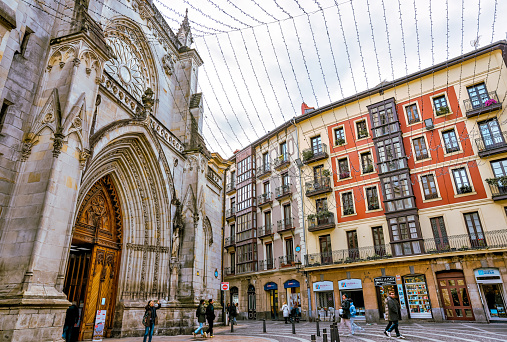 Bilbao, Spain - January 2, 2024: Bilboko Donejakue Katedrala a gothic cathedral in the Old Town of Bilbao, Spain
