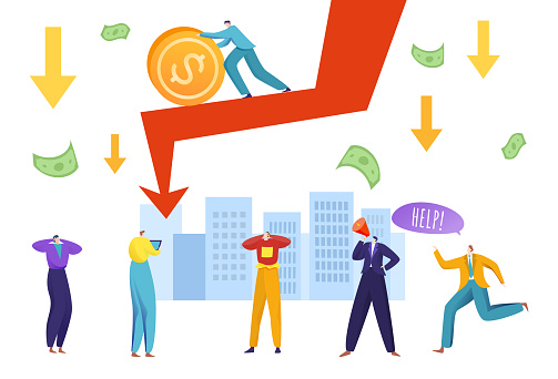 Economic crisis, depreciated finance concept, stock falling down, stock falling diagram, cartoon style vector illustration. Bankruptcy problem, businessman at loss, banking failure, investment decline