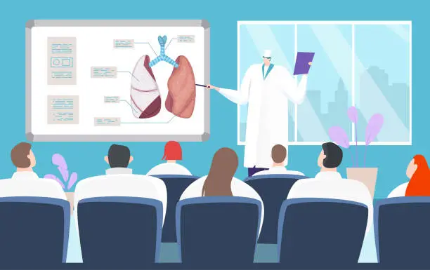 Vector illustration of Medical conference about lung diseases, presentation treatment method, human organ, design cartoon style vector illustration.