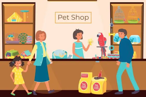 Vector illustration of People in pet shop, store with animals, food for dogs, cute little cat, successful business, cartoon style vector illustration.