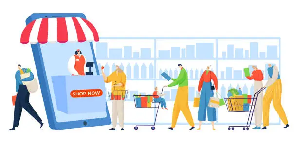 Vector illustration of People queue online shop, successful retail, mobile self-checkout, payment via mobile, design cartoon style vector illustration.