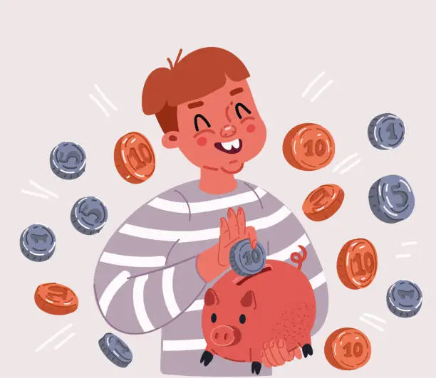 Vector illustration of Cartoon Illustration of happy kid holding piggy bank