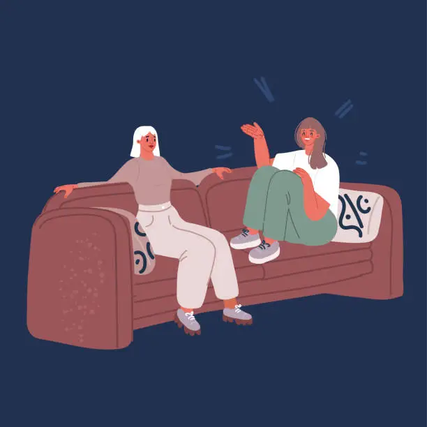 Vector illustration of Cartoon vector illustration of Pair of happy young girls sitting on couch and talking. Two female friends chattingy at sofa. Women spending time together.