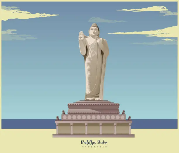 Vector illustration of Buddha Statue - Hyderabad, Telangana - Stock Illustration