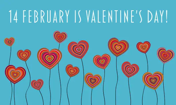 Vector illustration of 14 February is Valentine’s Day. Sales banner with colorful heart flowers on a light blue background.
