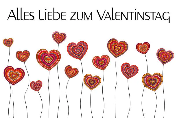 Vector illustration of Alles Liebe zum Valentinstag - text in German language - Happy Valentine’s Day. Greeting card with colorful heart flowers.