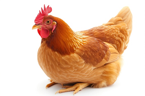 A cornish chicken rooster sitting on a white background. orange hen isolated. side view of a chicken in yellow red colors.