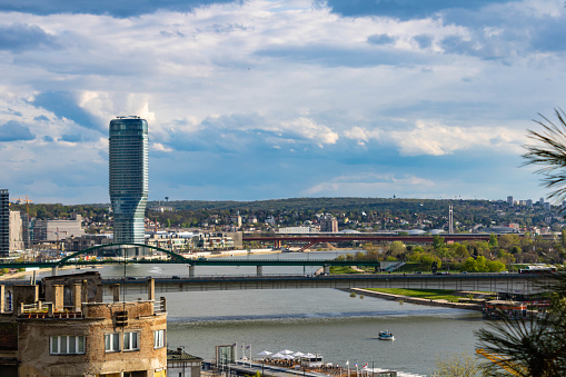 Panoramic view from the Belgrade fortress of the Sava river, Belgrade waterfront and Belgrade bridges