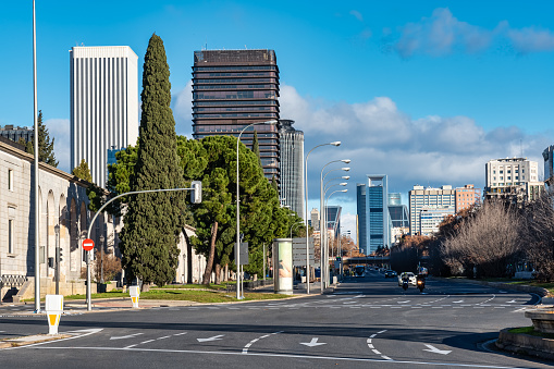Paseo de la Castellana in Madrid with skyscrapers in the financial and economic district, Spain