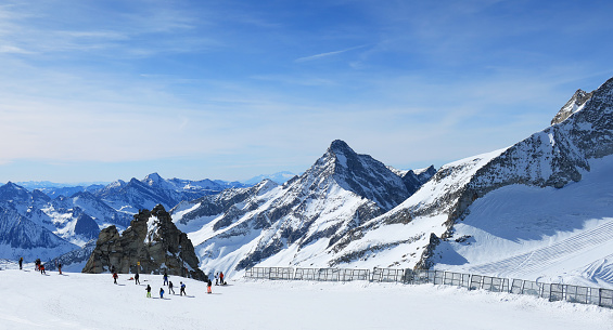 Ski slope on the glacier. Magical weather in the high mountains near the Hintertux Glacier 1,500-3,250 meters. Skiing is possible all year round, 365 days a year.