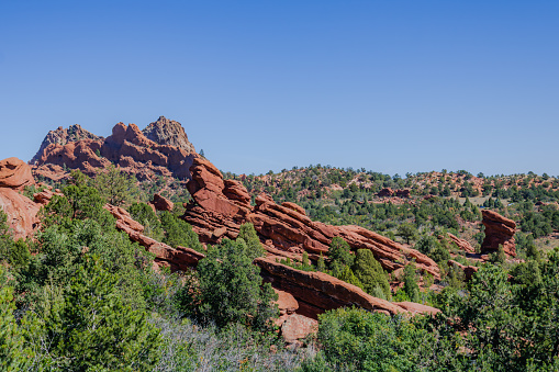 xperience the contrast of fiery red rocks against verdant foliage in this stunning landscape.