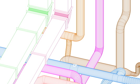 BIM (Building Information Modeling) ventilation system design 3d illustration.